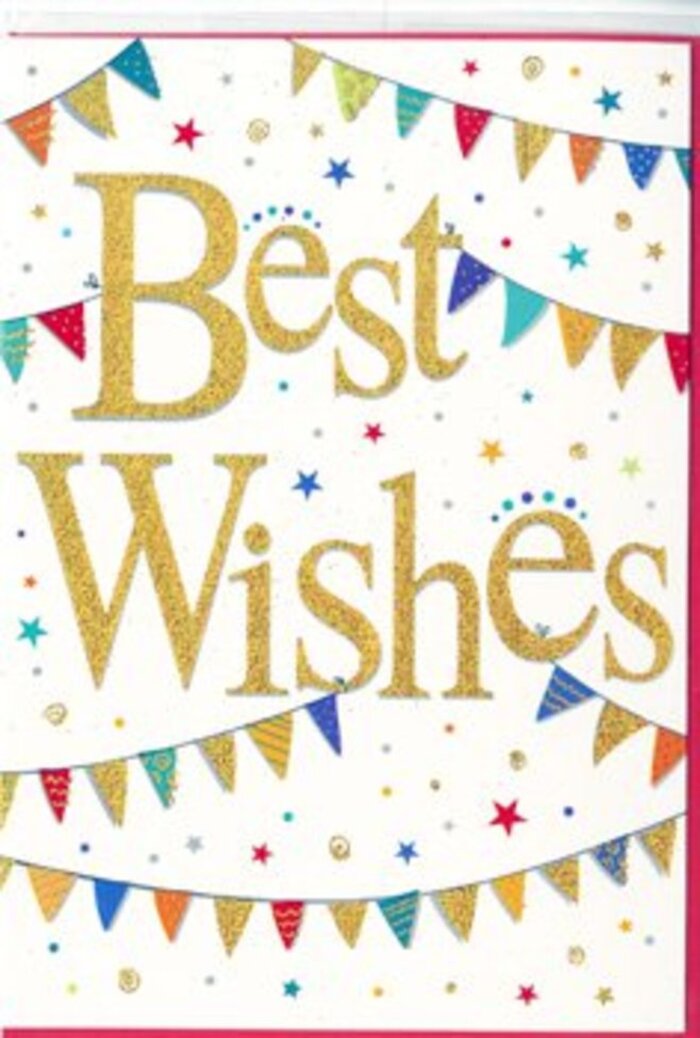 In this image, a joyful congratulations card lies against a pure white backdrop, its design echoing the lively yet relaxed character of Greenford's local streets. At the heart of the card, the words Best Wishes appear in sweeping gold script that looks both luxurious and approachable. The lettering is slightly embossed, with a glittered surface that shimmers subtly as though brushed with tiny flecks of sunlight. Each curve and loop of the script feels confident, adding a sense of occasion that is celebratory but not overdone. Framing the phrase, delicate strings of bunting stretch in gentle arcs across the top and bottom of the card, like festive garlands strung between lamp posts for a community event near Ravenor Park. Every little triangular flag is rich with colour-vivid reds, blues, greens, yellows, and pinks-some with fine stripes, others with neat polka dots or tiny decorative motifs. The mix of patterns gives the design a handcrafted charm, suggesting the care of someone who has thoughtfully chosen each detail. Dotted around the bunting are small stars and confetti-like circles, scattered as if tossed into the air in a spontaneous cheer. Their colours harmonise with the bunting, creating a sense of rhythm and movement across the otherwise uncluttered white space. The composition feels light and buoyant, yet clearly celebratory-ideal for congratulating someone on a new job, passing important exams, or moving into a new home in Greenford. Paired with fresh flowers from a trusted local florist, this card would convey heartfelt good wishes, a sense of shared joy, and the warm support of friends and family cheering from nearby.