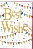 The congratulations card pictured here feels like a pocket-sized celebration, perfectly at home alongside a bouquet delivered anywhere around Greenford Broadway or down Oldfield Lane. Set against a bright white background, the central focus is the phrase Best Wishes, written in flowing, calligraphic gold script. The letters appear gently raised with a glittered finish, so they glimmer softly, reminiscent of confetti catching the light at the end of a party. The gold has a warm tone, making the message feel friendly and heartfelt rather than formal or distant. Surrounding this central text, curved strings of bunting run along the top and bottom, forming loose, festive arcs. Each small triangular pennant is a burst of colour-bold reds, blues, and greens alongside sunny yellows and soft pinks. Many of the flags carry charming patterns, from fine horizontal stripes to playful dots and tiny geometric designs, giving the impression of carefully chosen decorations at a community fair near Greenford's parks. Scattered around the bunting, small stars and round confetti dots add a sense of motion, as if joy is literally sprinkled over the card. Their tones echo the bunting shades, tying the whole design together in a lively yet harmonious palette. The generous white space lets each element breathe, emphasising clarity and brightness. Overall, the card conveys an atmosphere of optimism, encouragement, and shared celebration-perfect for acknowledging new beginnings, promotions, or personal achievements in Greenford. It feels like a warm, sincere companion to fresh flowers, carrying with it the simple but powerful message that someone's success truly matters.