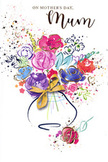 This Mother's Day card features a joyful, painterly bouquet rendered in loose watercolour and soft metallic touches, evoking the feeling of fresh flowers arranged right here in Greenford. At the heart of the illustration, lush pink and cerise flowers open outward, their shapes defined by bold indigo lines that curve and swirl as if catching an invisible breeze. Around these focal blooms, hazy washes of lilac, blue, apricot, and blush cascade outward, blending gently where colours meet, much like petals and leaves overlapping in a real vase arrangement. Threads of gold trace certain petals and foliage, glinting subtly as though brushed with sunlight drifting through a window on a quiet Greenford side street. Against a clean white background, this bouquet seems to float, surrounded by playful splatters of pigment, scattered dots, and small heart motifs that bring a sense of fun and celebration, calling to mind family gatherings and homemade cards. The flowers are held by a rounded vase, painted with soft, transparent strokes and finished with a graceful golden bow that feels very much like the final ribbon a florist ties before handing over a bouquet and a smile. The overall impression is airy yet heartfelt: a colourful expression of gratitude, tenderness, and joy, captured in a way that speaks clearly to the love shared between mother and child, and to the everyday beauty cherished throughout the Greenford community.